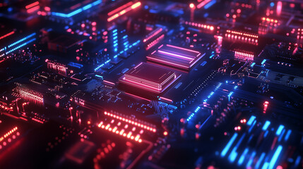 Fototapeta premium A close up of a computer chip with a lot of orange lights. Concept of technology and complexity