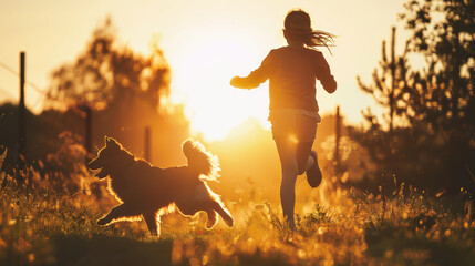 A child and a dog running together in the warm glow of sunset, symbolizing the beauty of companionship and the joy of simple pleasures.