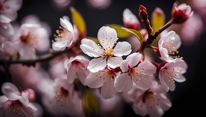 Isolated Close Up Sakura Cherry Blossom Flowers On Black Background