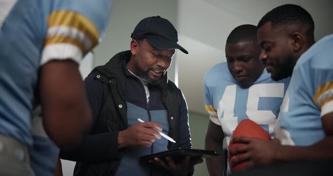 Football, players and tablet for planning, coach and teamwork with cooperation, fitness and internet. Group, people and trainer with tech, digital app and collaboration for exercise and training