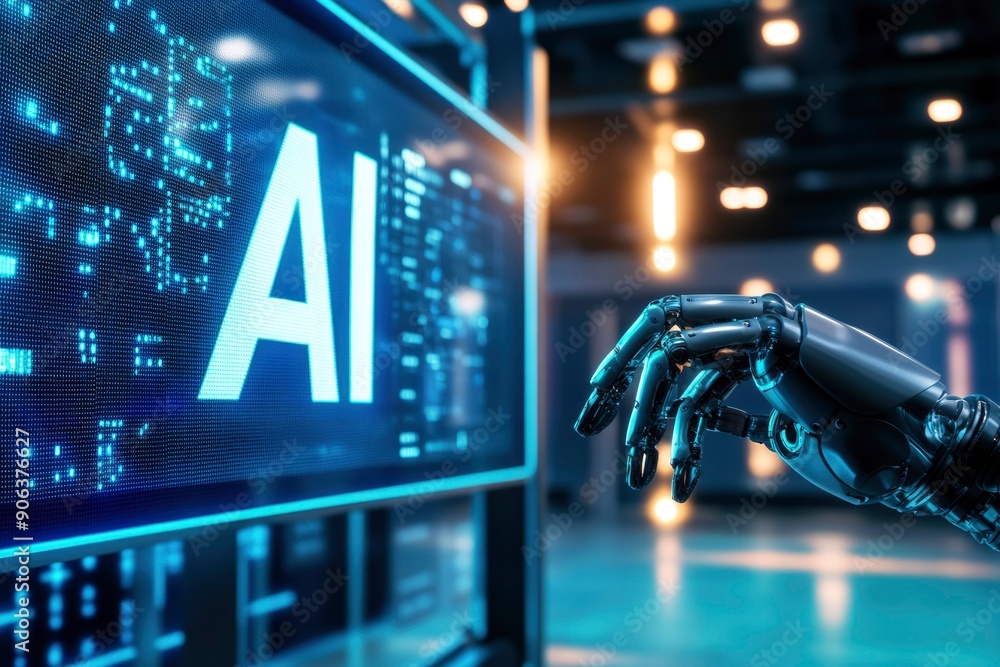 Aufkleber robotic hand interacting with a digital ai display