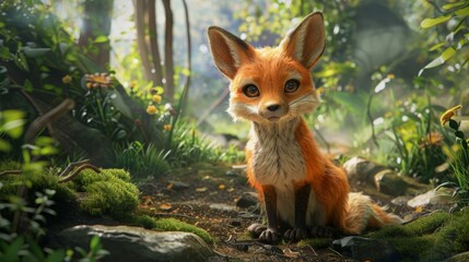 Cute animated fox sitting in a forest
