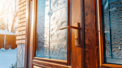Sunlight streams through the decorative glass panels of a wooden door, casting warm, inviting shadows within a charming, rustic setting.