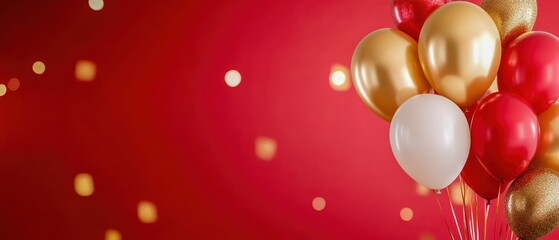 Red and gold balloons with a birthday banner, festive setting, bright red background