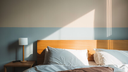 A bright, modern bedroom with a wooden headboard and pastel walls, featuring a cozy bed, bedside lamp, and plant casting a comforting shadow in the sunlight.