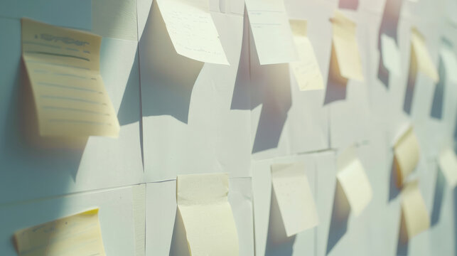 A wall covered with numerous sticky notes arranged in a grid pattern, capturing ideas and reminders in a visually creative way.