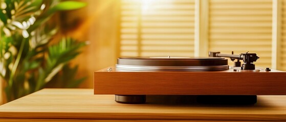 Obraz premium Cozy interior with a vintage turntable, vinyl records, warm lighting, nostalgic lo-fi ambiance