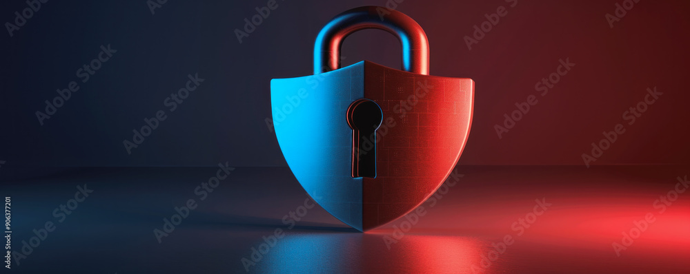 Poster a red and blue lock with a keyhole in the middle. the lock is surrounded by a shield