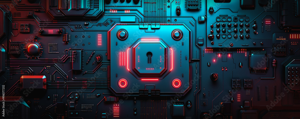 Poster a close up of a computer chip with a red lock on it
