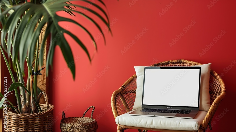 Poster laptop computer with blank screen on comfortable rattan chair against red color wall aesthetic templ