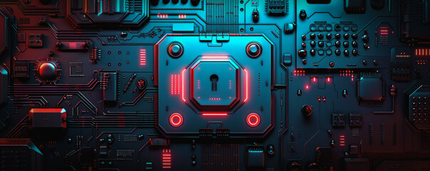 A close up of a computer chip with a red lock on it