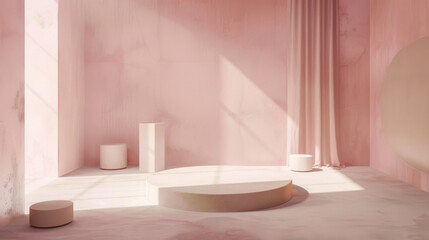 A modern minimalist room in soft pink tones, featuring geometric shapes and bathed in gentle natural light.