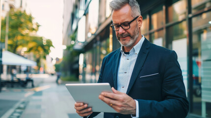 A mature, well-dressed man engrossed in his tablet while walking in a modern cityscape, blending technology with sophistication.