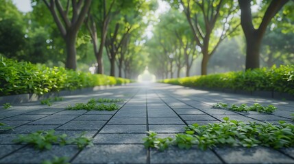 Fototapeta premium empty floor road and green plant in quiet city park : Generative AI