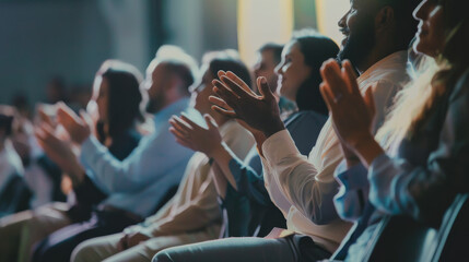 A focused audience applauds enthusiastically during an inspiring event in a well-lit, professional setting.