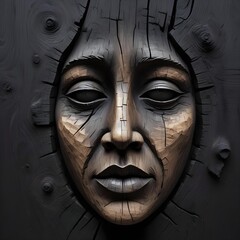 A human face carved in wood wood, where the texture captures the essence of emotion, with natural flaws and grains