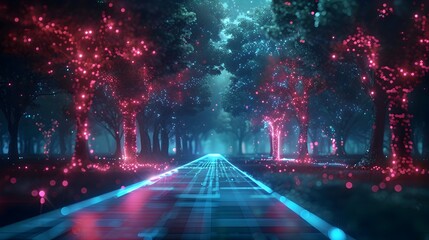 Cybernetic Landscape with Glowing Digital Trees and Neon Pathways Blending Nature and Technology