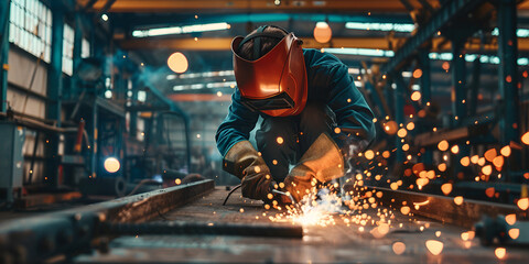 A welder at work in an industrial setting wearing a protective helmet and thick gloves, is bent over, intensely focused on the welding process. 