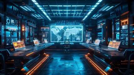 High Tech Futuristic Laboratory with Holographic Displays and Advanced Technology