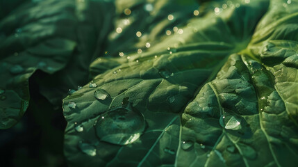 Droplets of water glisten on lush green leaves, capturing the essence of nature's freshness and tranquility in a close-up view.