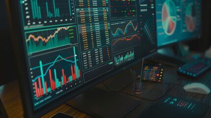 Dual monitors displaying colorful, dynamic financial graphs and charts, portraying a bustling and analytical environment of modern finance and data analysis.