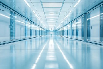 Obraz premium A Long, Sterile Corridor Lined with Metallic Cabinets and Doors