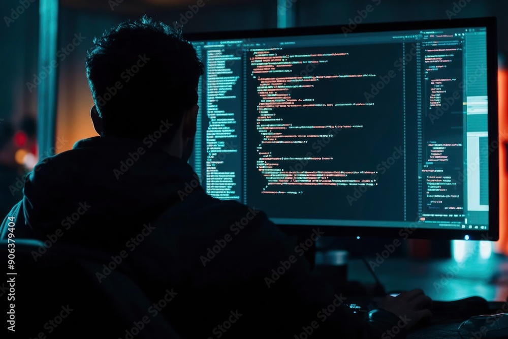 Aufkleber a person working late at night on a computer with code on the screen