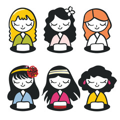 Six cartoon girls meditating, wearing different colored kimonos, girl has unique hairstyle hair accessory, eyes closed relaxation. Illustration captures diversity harmony, peace, meditation practice