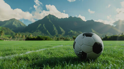 A soccer ball on a lush, green field with majestic mountains in the background, capturing the essence of outdoor play and breathtaking landscapes.