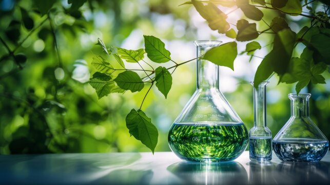 Biotechnology science laboratory setup with beaker and flask amidst vibrant green leaves, showcasing the intersection of scientific research and nature's beauty in a controlled environment.


