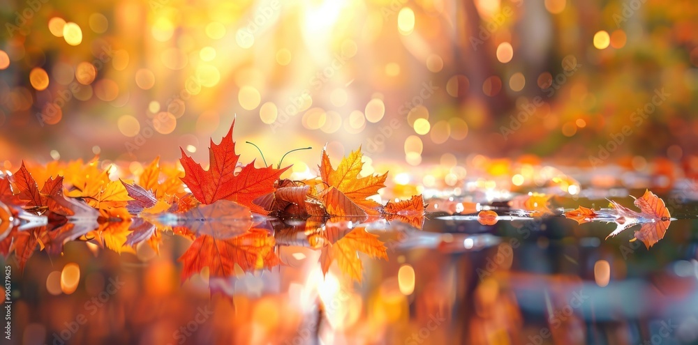 Aufkleber colorful autumn leaves floating on a serene water surface with soft sunlight filtering through trees