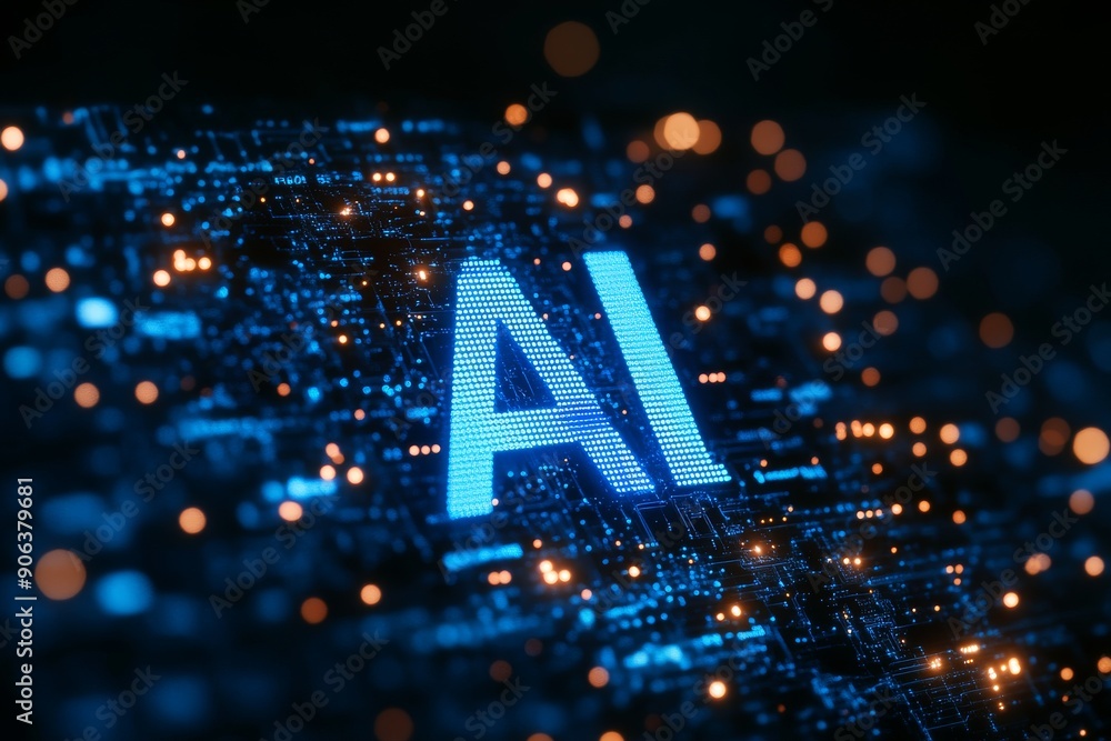 Poster icy blue tech design with ai letters illustrating the cool efficiency of artificial intelligence in 