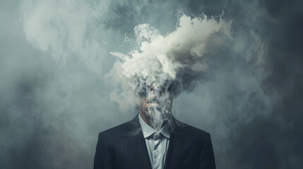 A man in a suit with his head enveloped in swirling smoke, creating a dreamlike and surreal atmosphere.