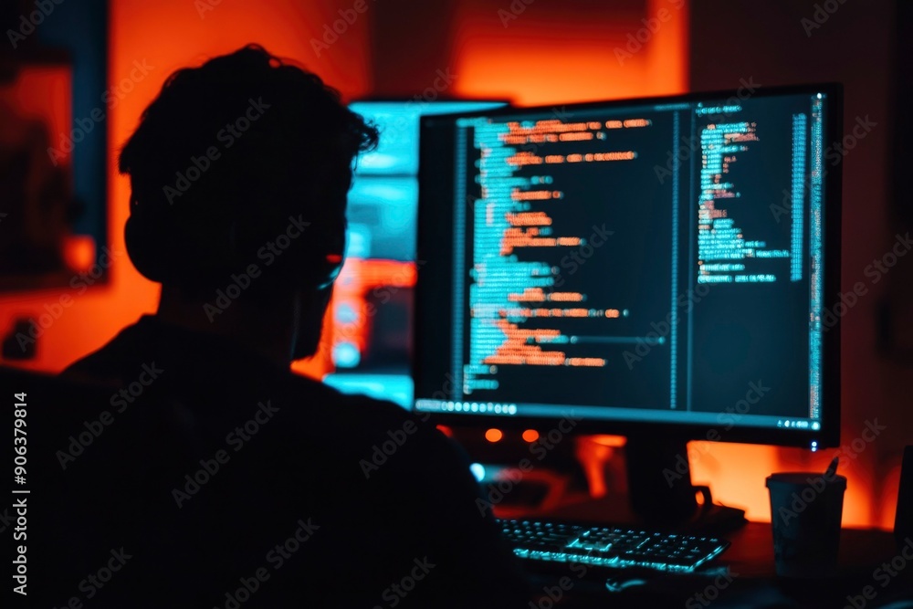 Poster silhouetted figure working late at night with code on a computer screen