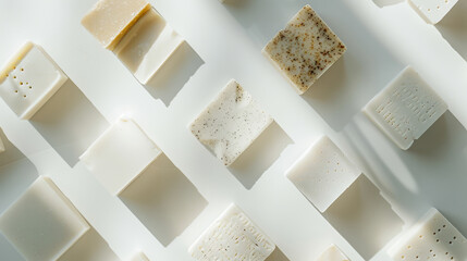 A neatly arranged array of handmade soaps in varying shades, displayed on a white background in diffused light.