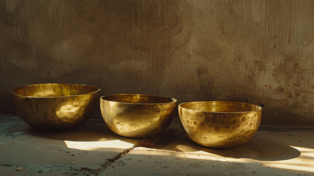 Three golden bowls on a masonry floor, bathed in a soft, warm light, showcasing an artistic and serene ambiance.