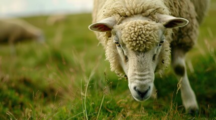 Fototapeta premium Fluffy Sheep Grazing in Lush Pasture - Close-up of Woolly Coat Texture in Natural Setting