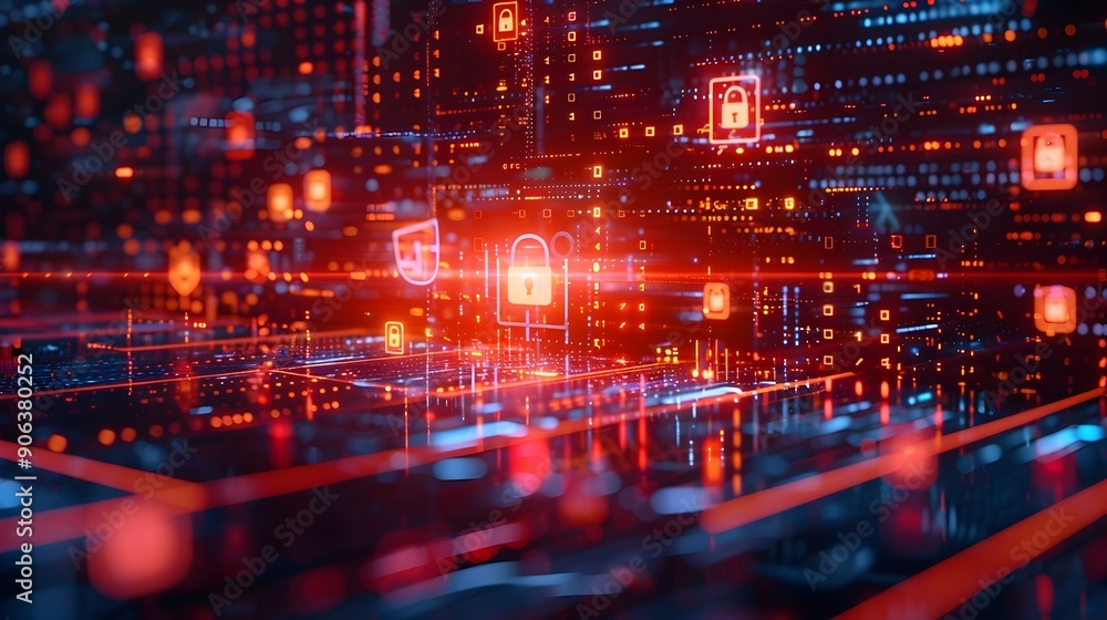 Poster cybersecurity interface with digital padlocks and warning icons depicting secure and high tech cyber