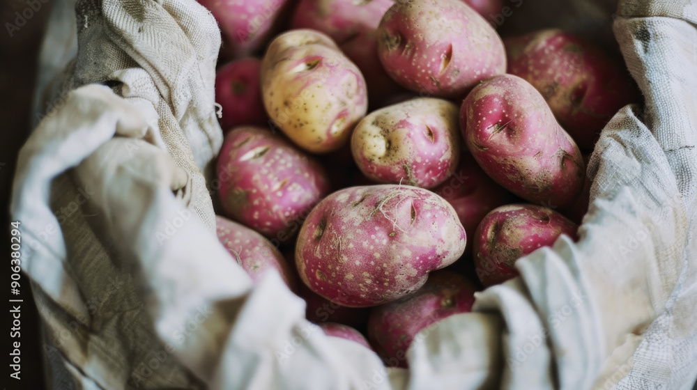 Canvas Prints A basket filled with freshly harvested potatoes, draped in a cloth, showcasing a rustic and farm-fresh vibe.