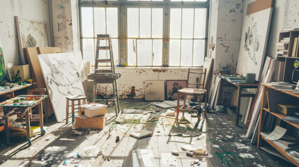 An artist's cluttered studio bathed in natural light, showcasing creative chaos with scattered art supplies and unfinished canvases.