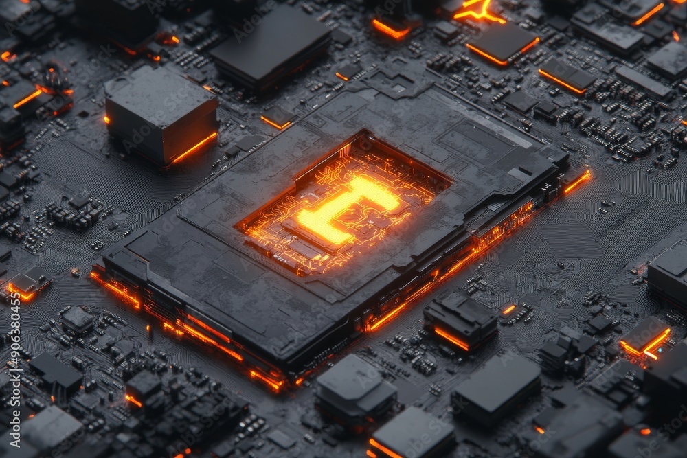 Poster glowing ai core on a motherboard symbolizing the central role of artificial intelligence in modern c