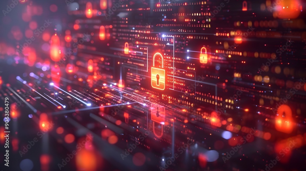 Poster secure cyber interface with digital locks and warning symbols high tech cybersecurity concept with c