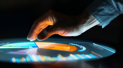 Hand interacting with futuristic touchscreen, displaying vibrant data visuals in a dark, tech-focused setting.