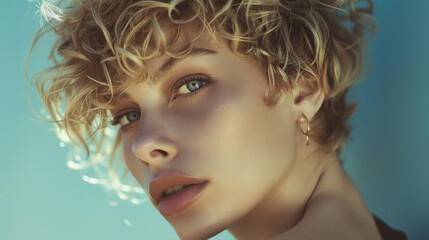 Fototapeta premium A young woman with curly blonde hair gazes thoughtfully sideways, her pale blue eyes illuminated by soft natural light, portraying serene beauty.