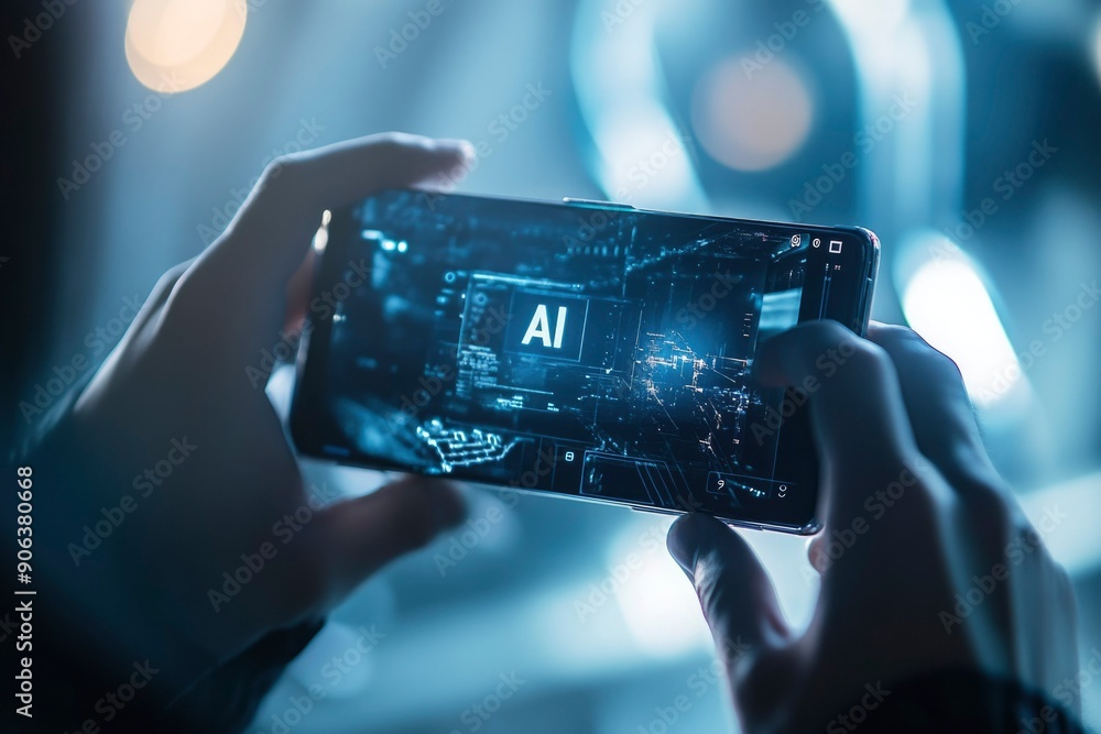 Poster person using smartphone with ai display