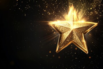 3d rendering of golden star with glitter and light effects on dark background