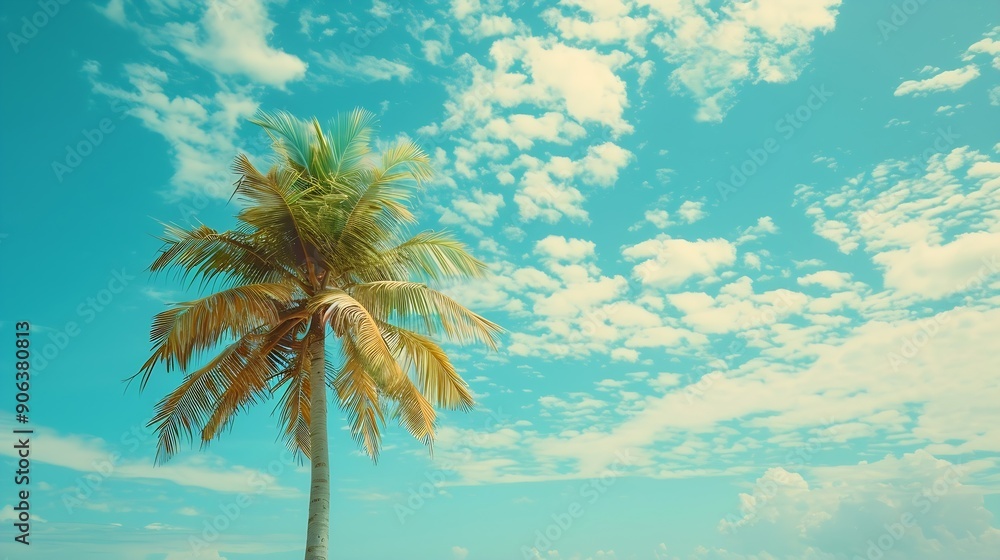 Aufkleber palm tree on tropical beach with blue sky and white clouds abstract background copy space of summer 