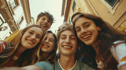 Fototapeta premium A group of teens taking a cheerful selfie on the streets, their smiles and laughter capturing a moment of youthful exuberance and friendship.