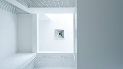 A minimalist architectural shot looking up inside a white, geometric space, capturing clean lines and symmetry.