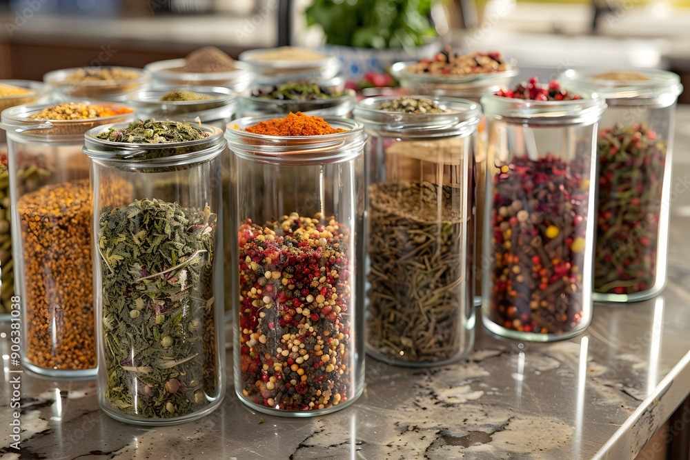 Poster a colorful array of spices in glass jars on a kitchen counter
